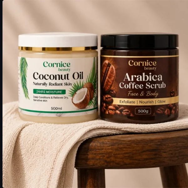 Cornice Coconut Body Balm and Arabica Coffee Scrub on a warm wooden stool
